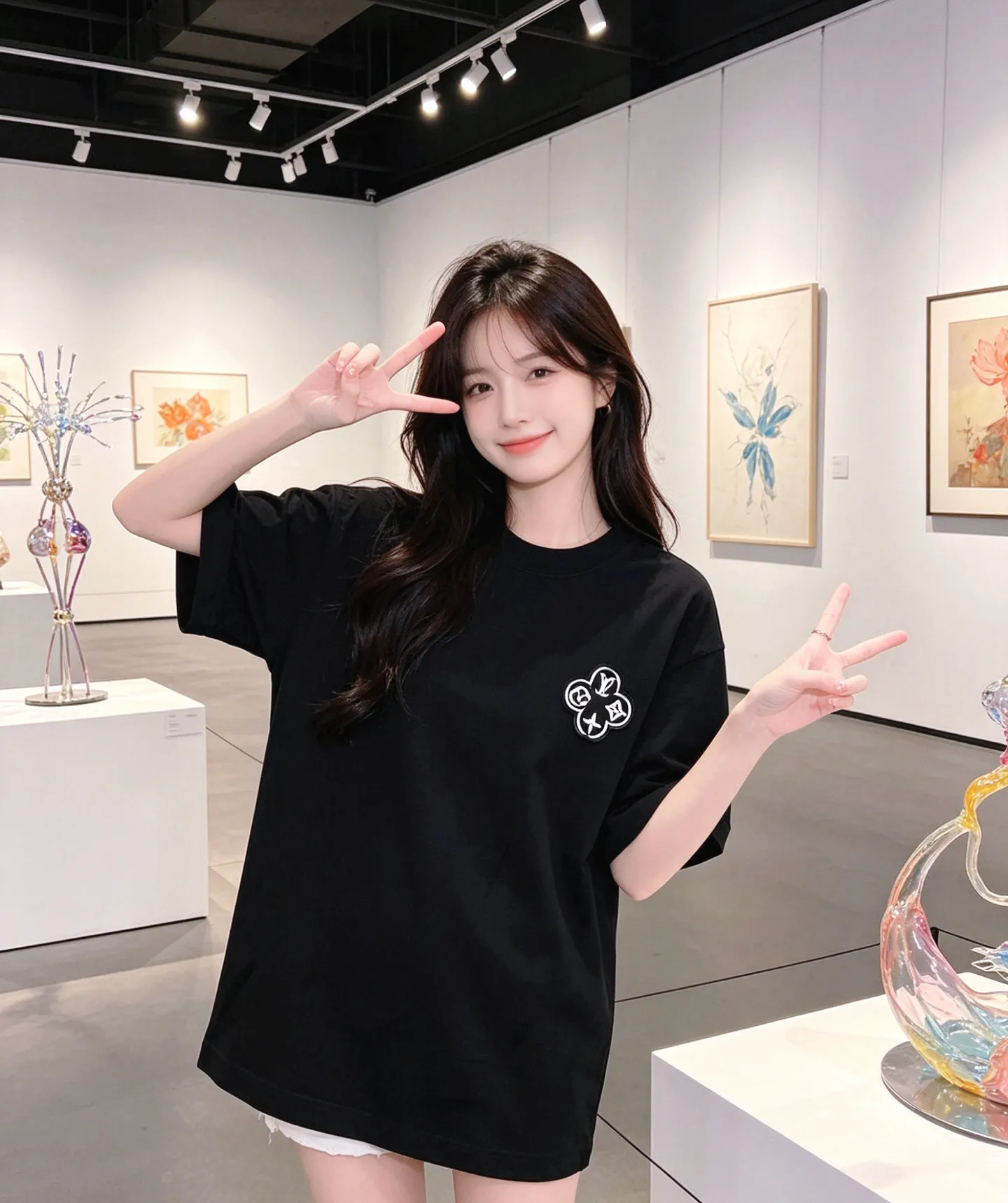 Louis Vuitton/Louis Vuitton three-flower large patch embroidered round neck short sleeves on the back